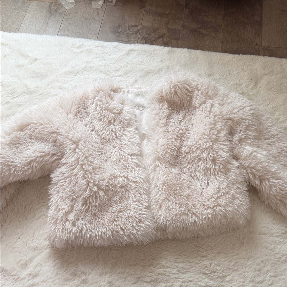 Zara Girls Plush Faux Fur Jacket in Pale Blush